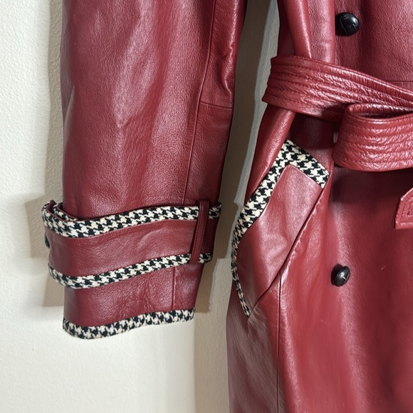 Vtg Spiegel Womens Houndstooth Trim Genuine Leather Overcoat size 12 Crimson - Picture 4 of 11